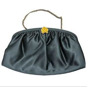 Vintage Black Satin Clutch Gold Rose Closure EUC